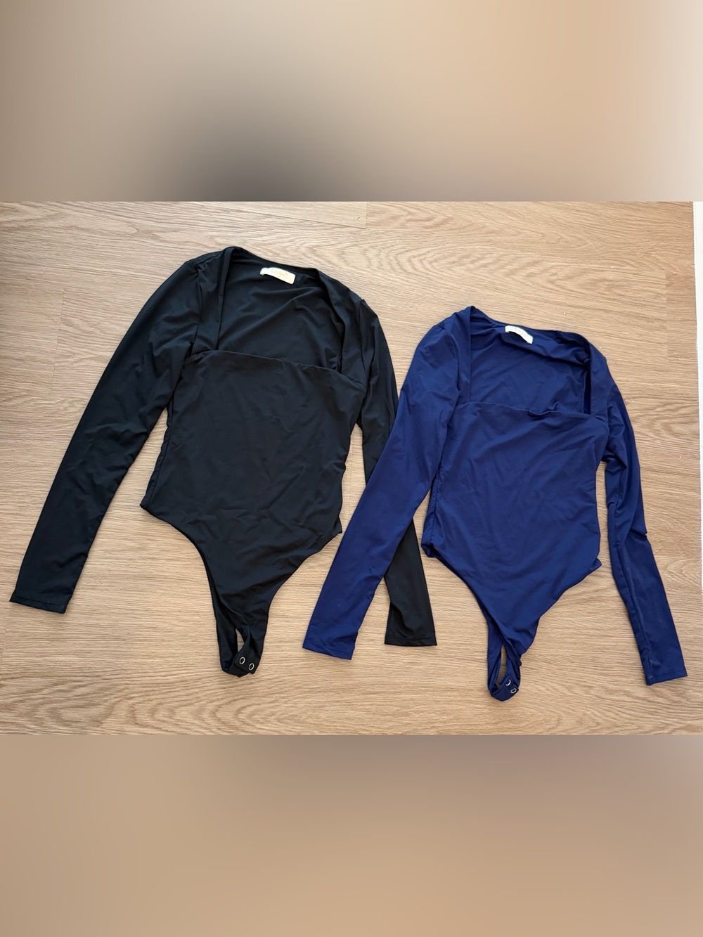 Two Long-Sleeve Square-Neck Bodysuits — Black and Navy